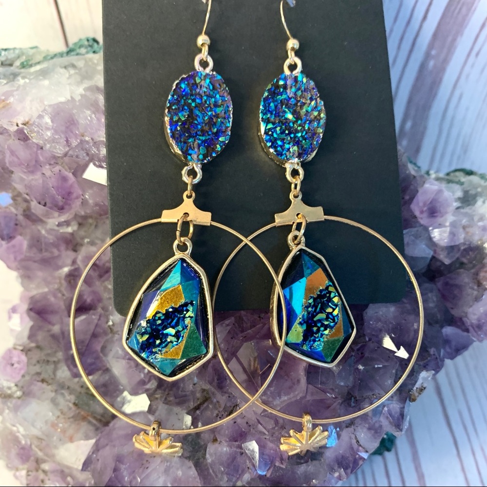 Blue Druzy Stone Gold Hoop Earrings Resin